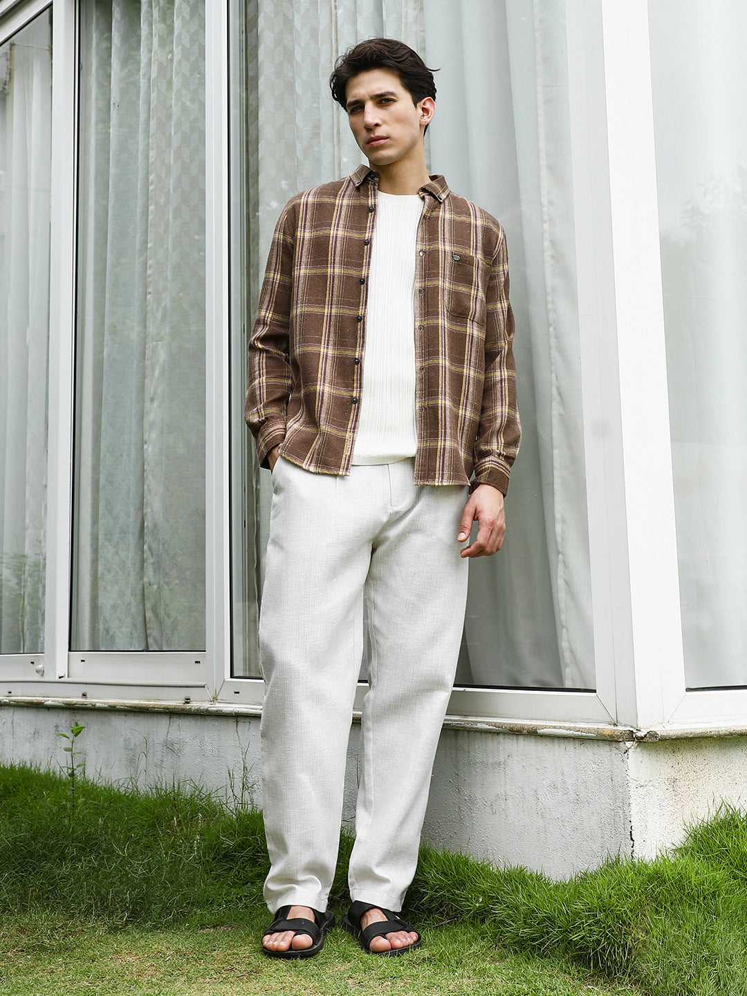 Brown Plaid Cotton Blend Full Sleeve Shirt