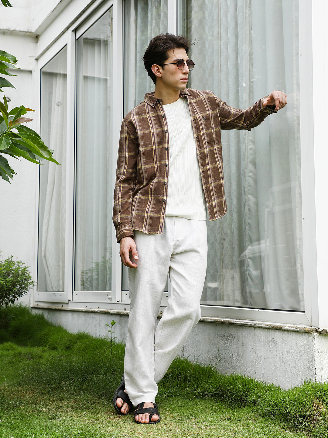 Brown Plaid Cotton Blend Full Sleeve Shirt
