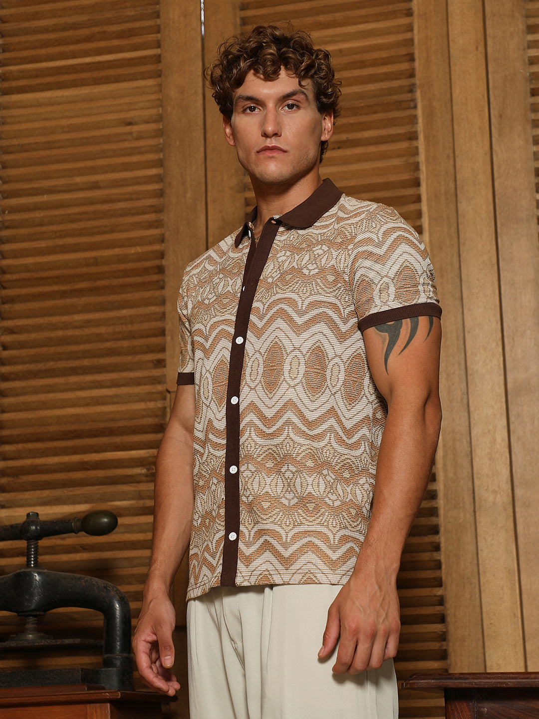 Brown Geometric Pattern Polo Collar Shirt