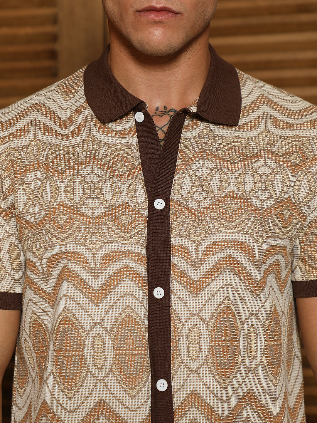 Brown Geometric Pattern Polo Collar Shirt
