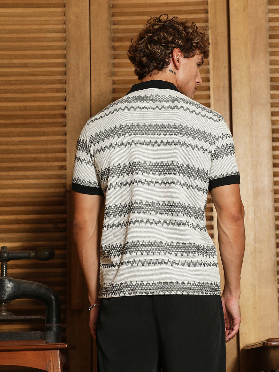 Black And White Geometric Polo Collar Shirt