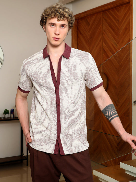 Textured Cotton Blend Shirt With Maroon Accents