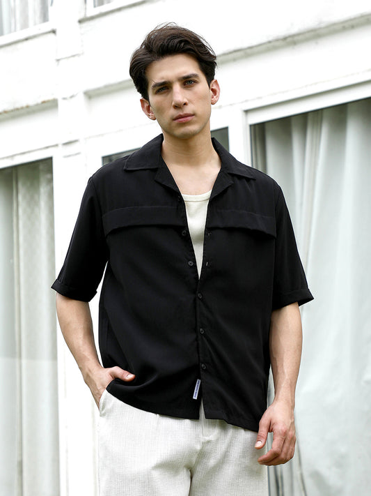Black Cuban Collar Short Sleeve Shirt