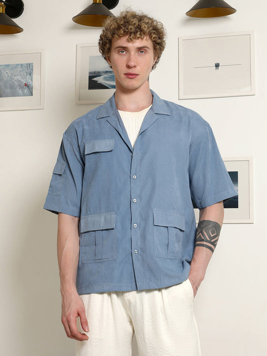Blue Cuban Collar Relaxed Fit Shirt With Flap Pockets