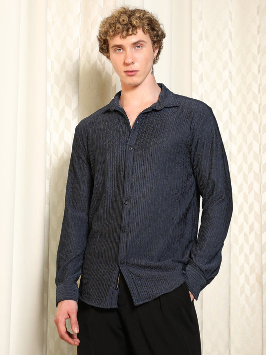 Navy Textured Cotton Blend Full Sleeve Shirt