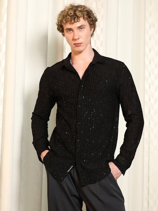 Black Textured Slim Fit Shirt With Shimmer Effect
