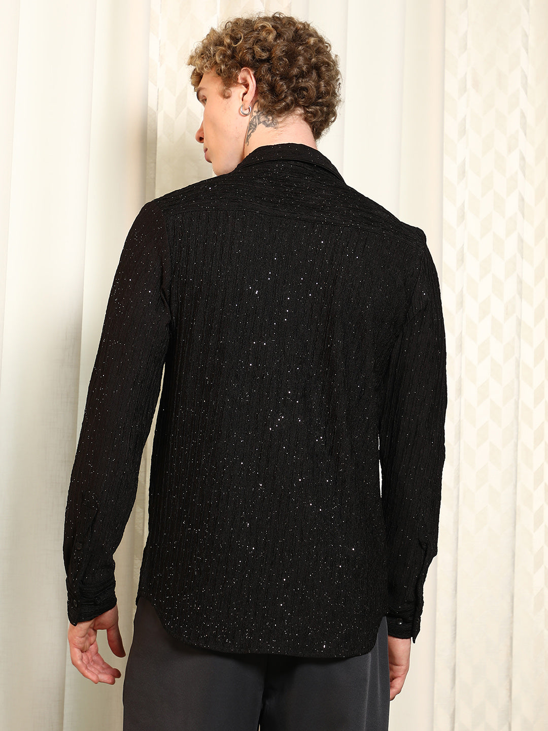 Black Textured Slim Fit Shirt With Shimmer Effect