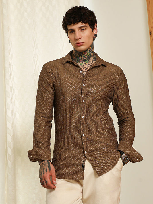 Brown Diamond Pattern Slim Fit Shirt