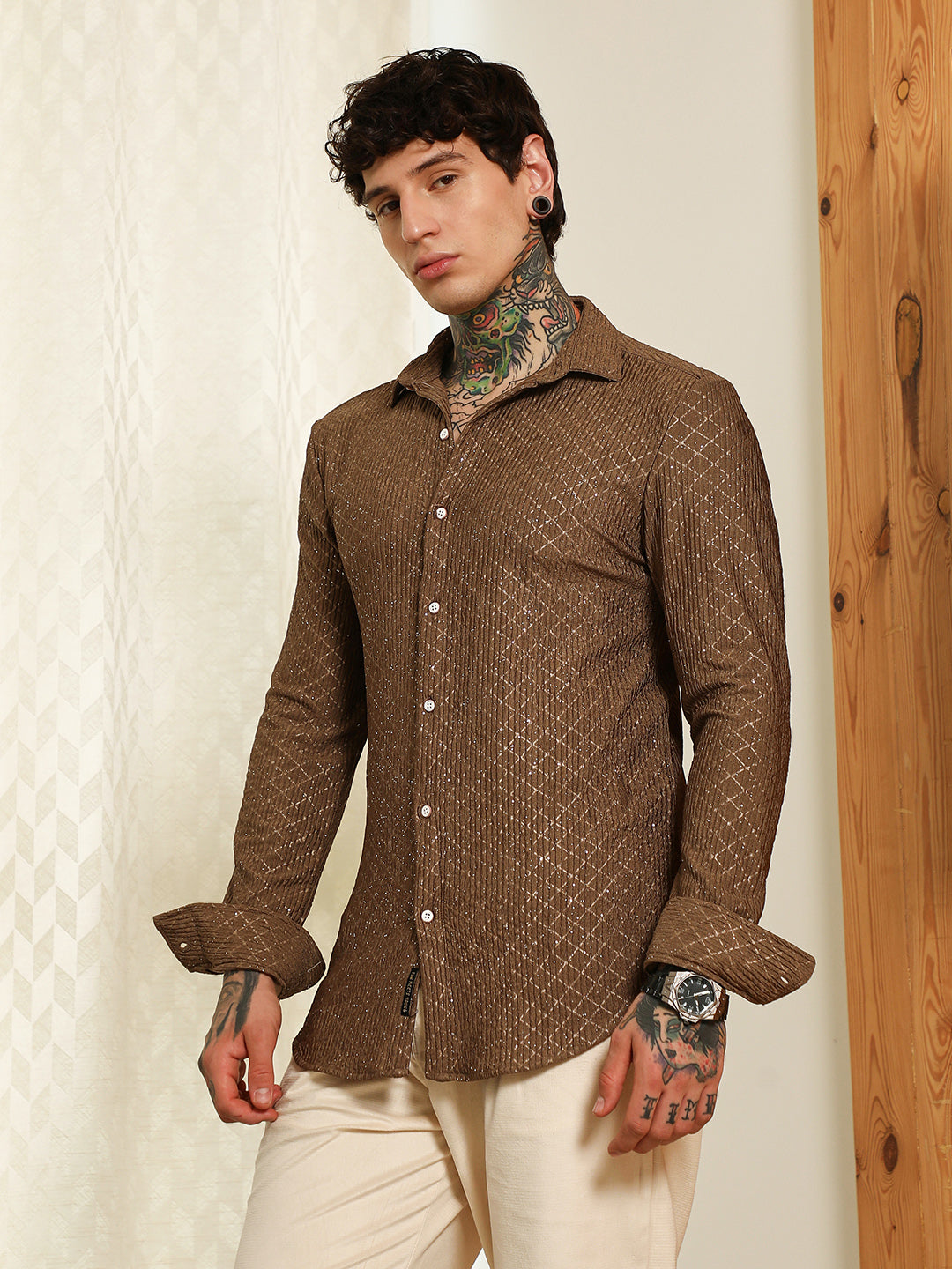 Brown Diamond Pattern Slim Fit Shirt