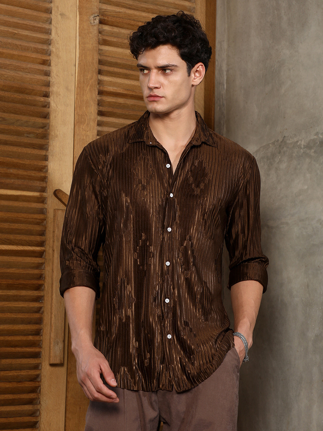 Chocolate Brown Pleated-Rhombus Shirt