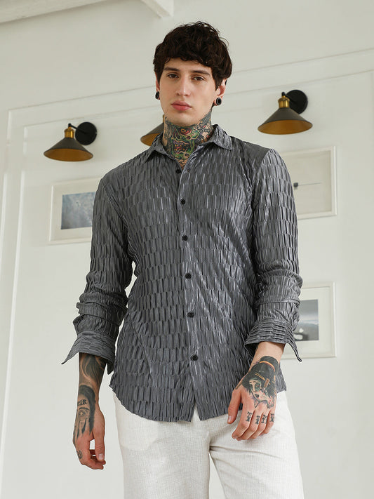 Textured Grey Slim Fit Full Sleeve Shirt