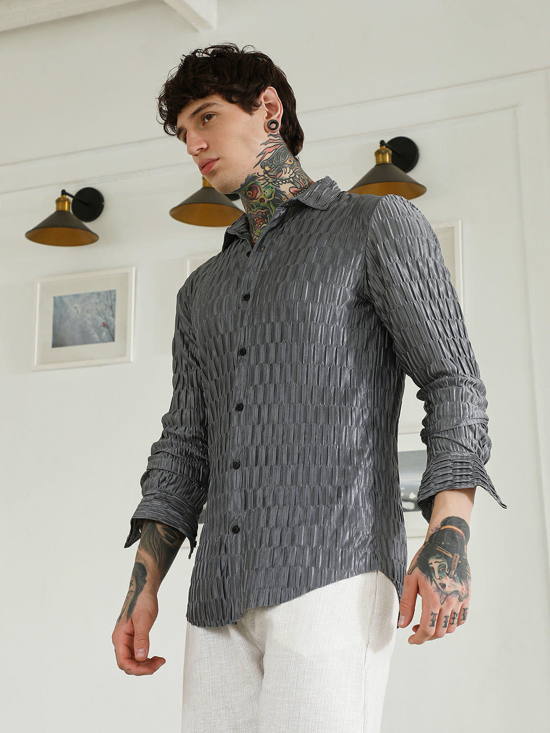 Textured Grey Slim Fit Full Sleeve Shirt