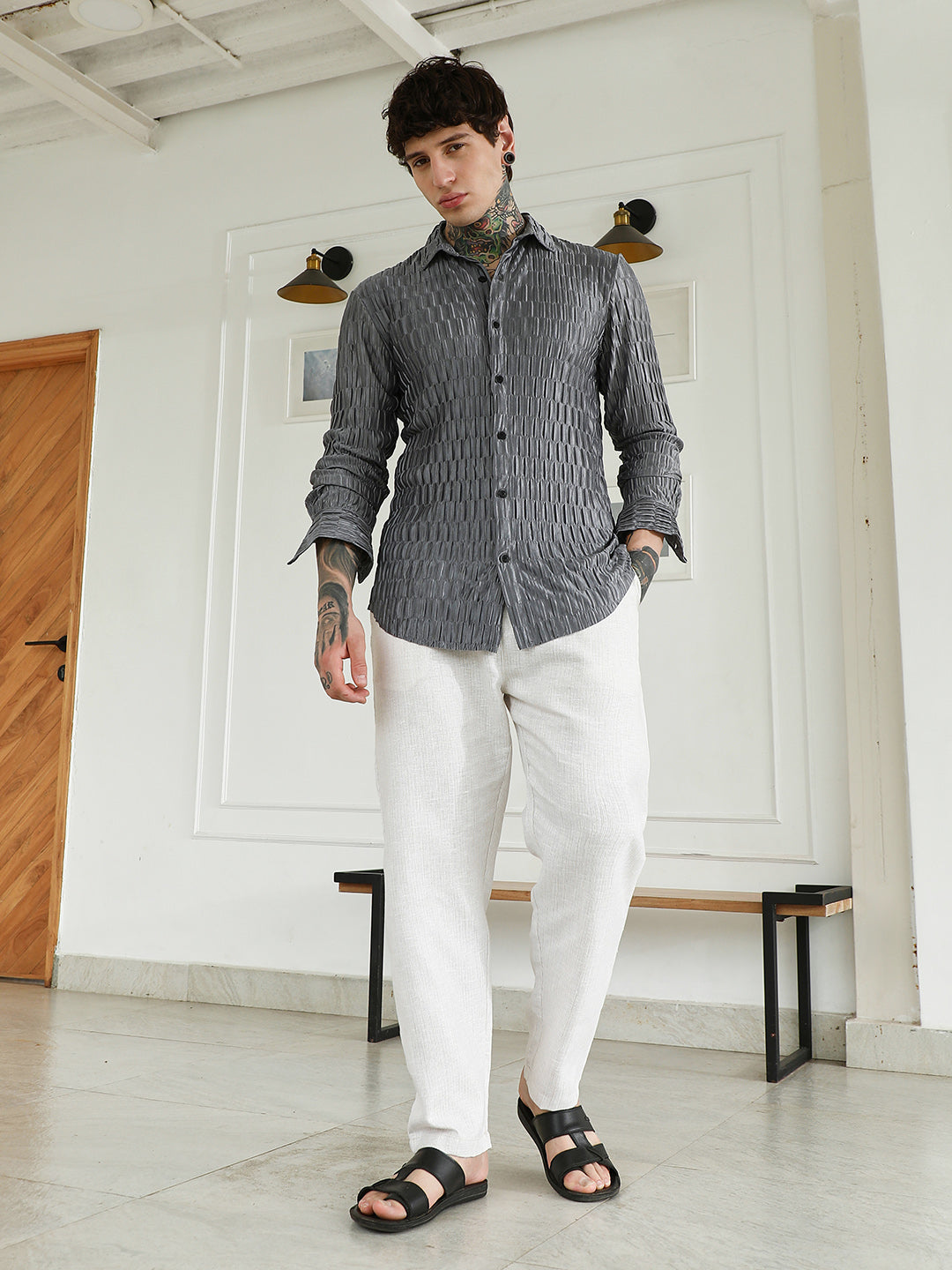 Textured Grey Slim Fit Full Sleeve Shirt