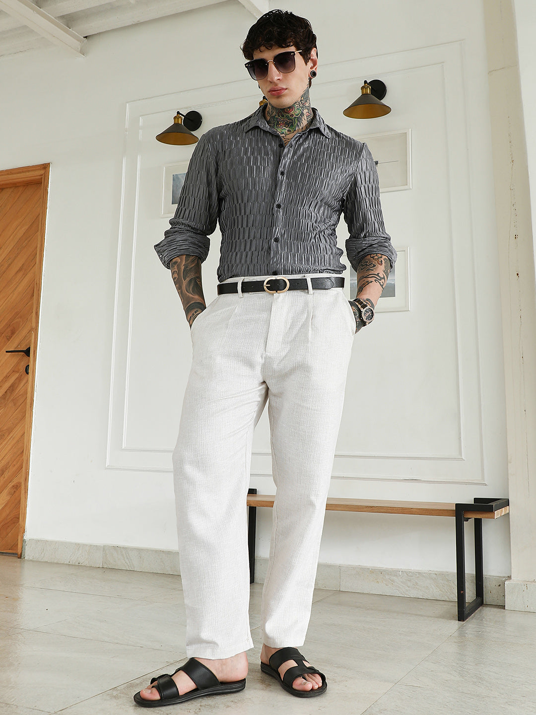 Textured Grey Slim Fit Full Sleeve Shirt