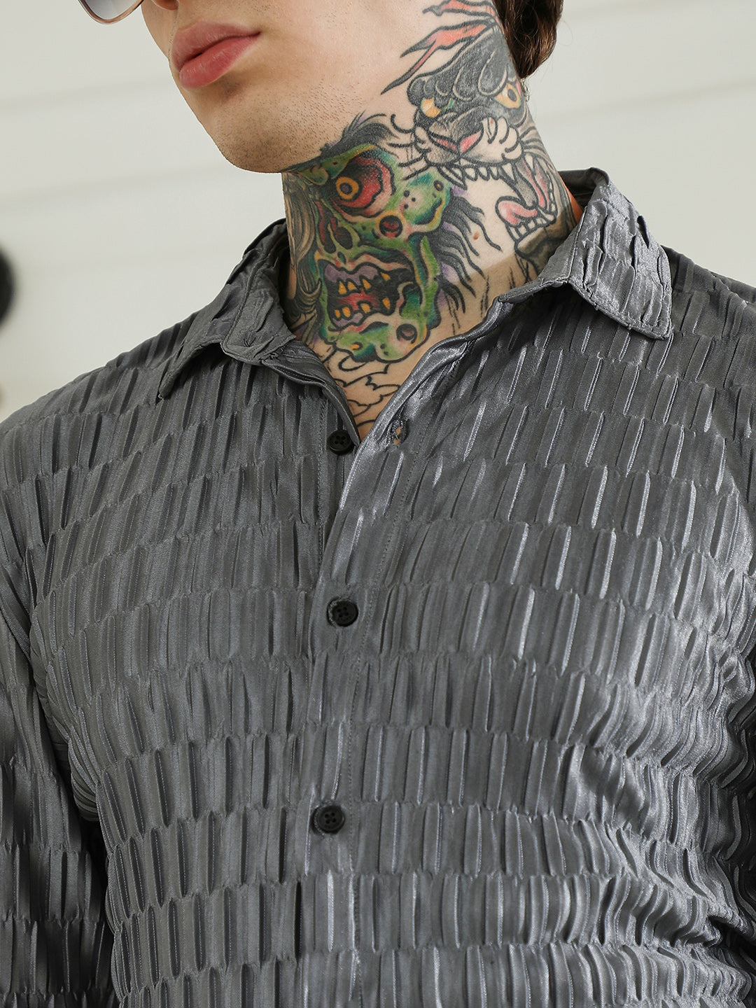 Textured Grey Slim Fit Full Sleeve Shirt