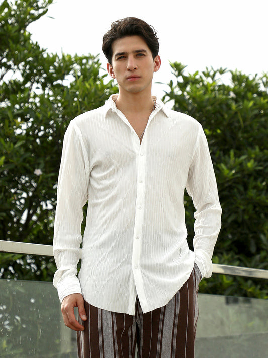 White Textured Slim Fit Shirt With Spread Collar