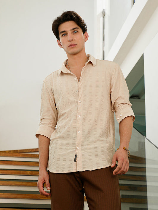 Beige Textured Slim Fit Full Sleeve Shirt For Men