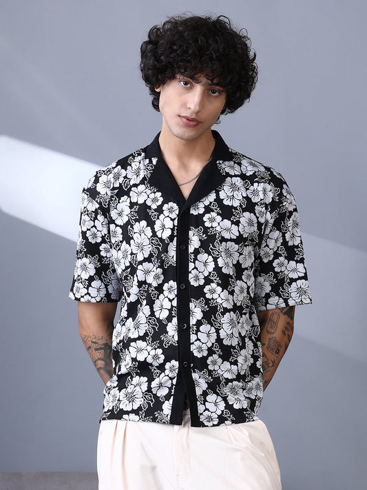 Bloom-Imprint Cuban-Polo Shirt