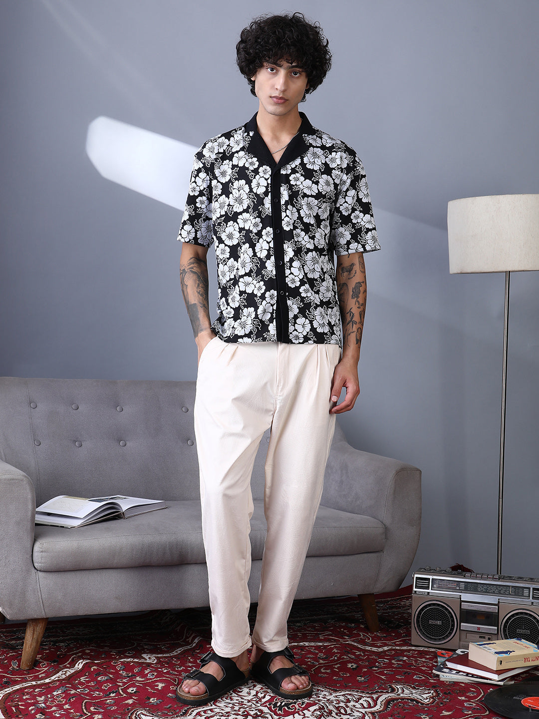 Bloom-Imprint Cuban-Polo Shirt