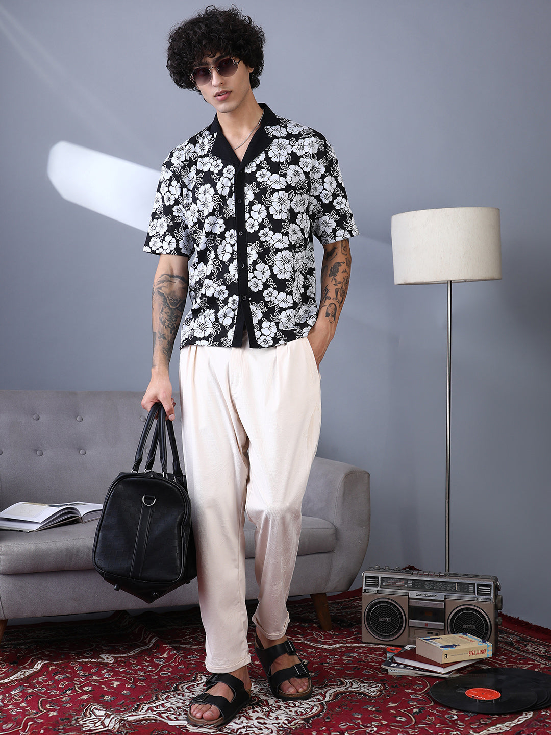 Bloom-Imprint Cuban-Polo Shirt