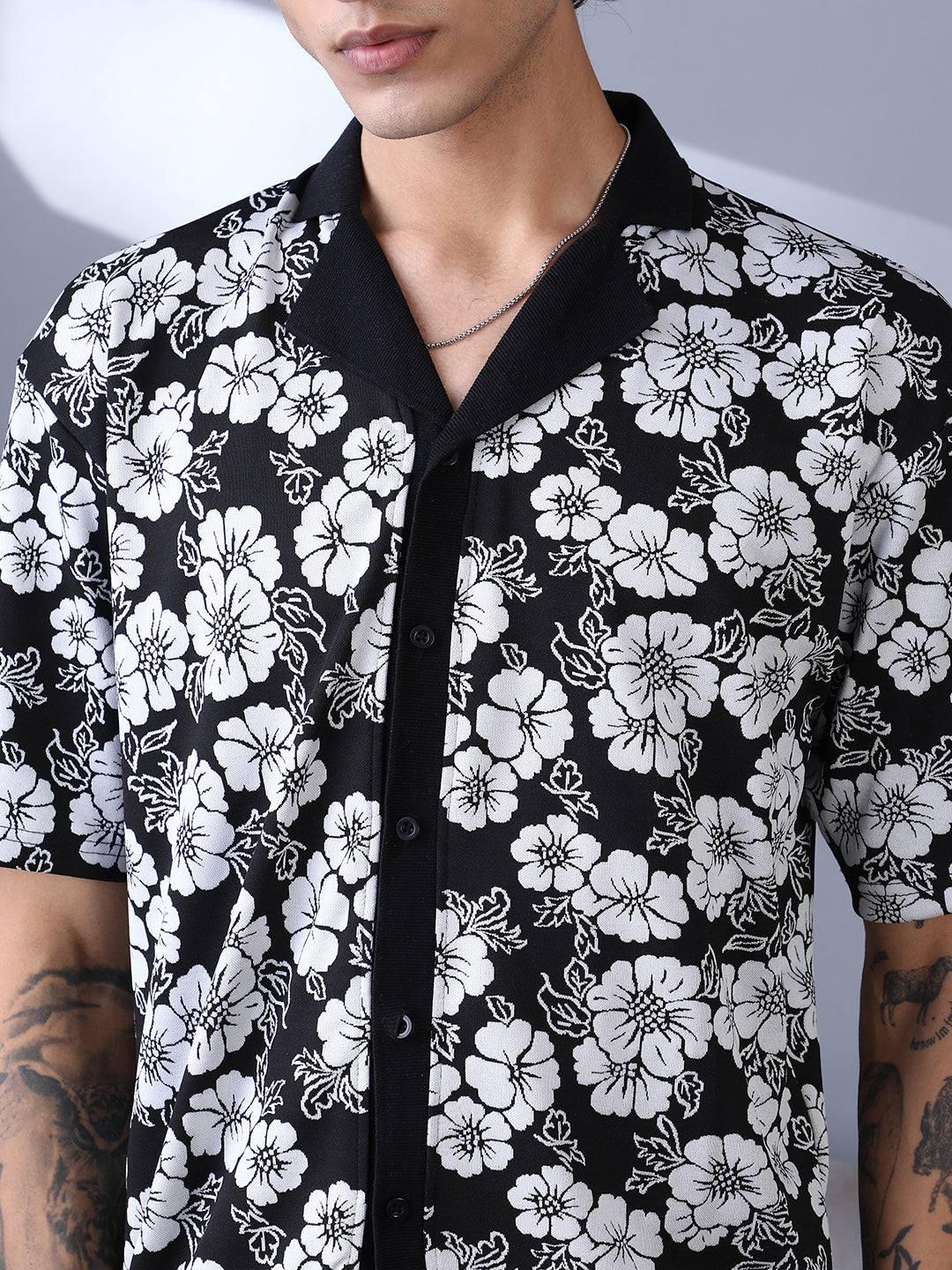 Bloom-Imprint Cuban-Polo Shirt