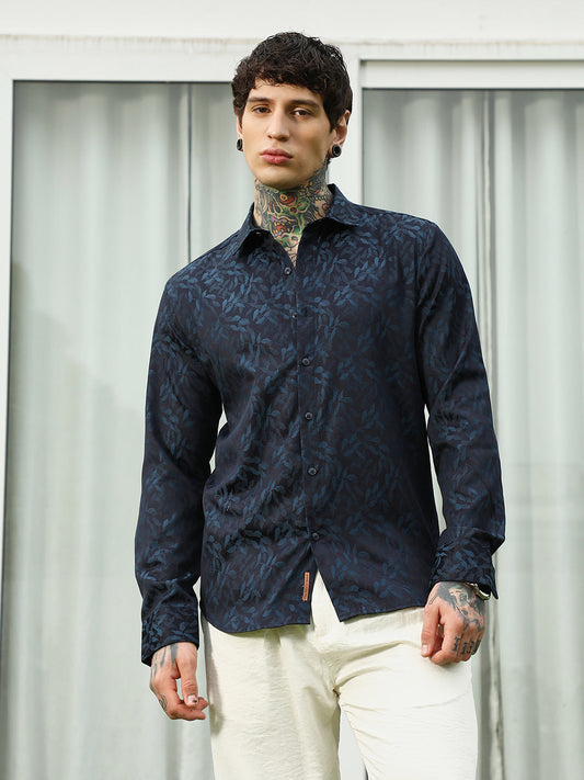 Navy Blue Leaf Pattern Slim Fit Shirt