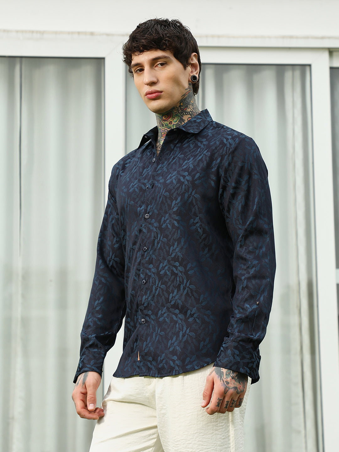 Navy Blue Leaf Pattern Slim Fit Shirt