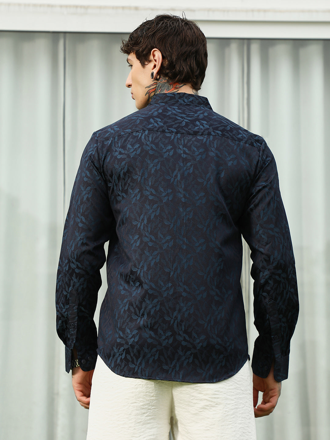 Navy Blue Leaf Pattern Slim Fit Shirt