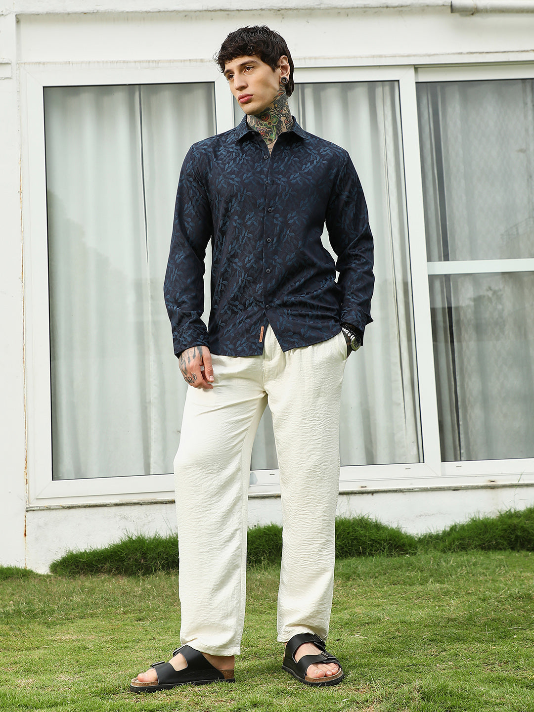 Navy Blue Leaf Pattern Slim Fit Shirt