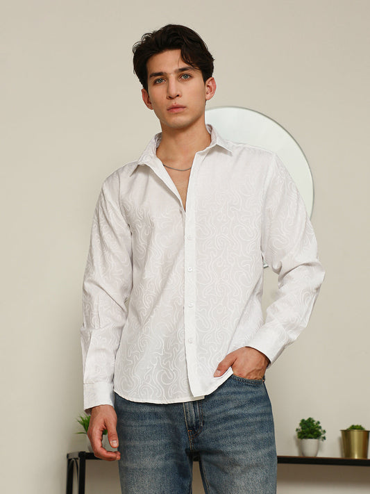 White Paisley Self-Design Slim Fit Shirt For Men