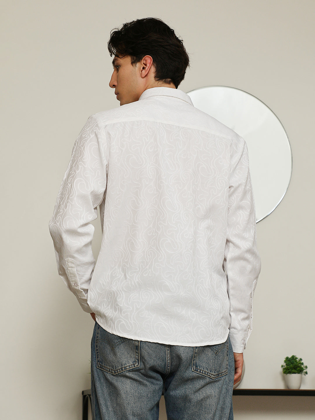 White Paisley Self-Design Slim Fit Shirt For Men
