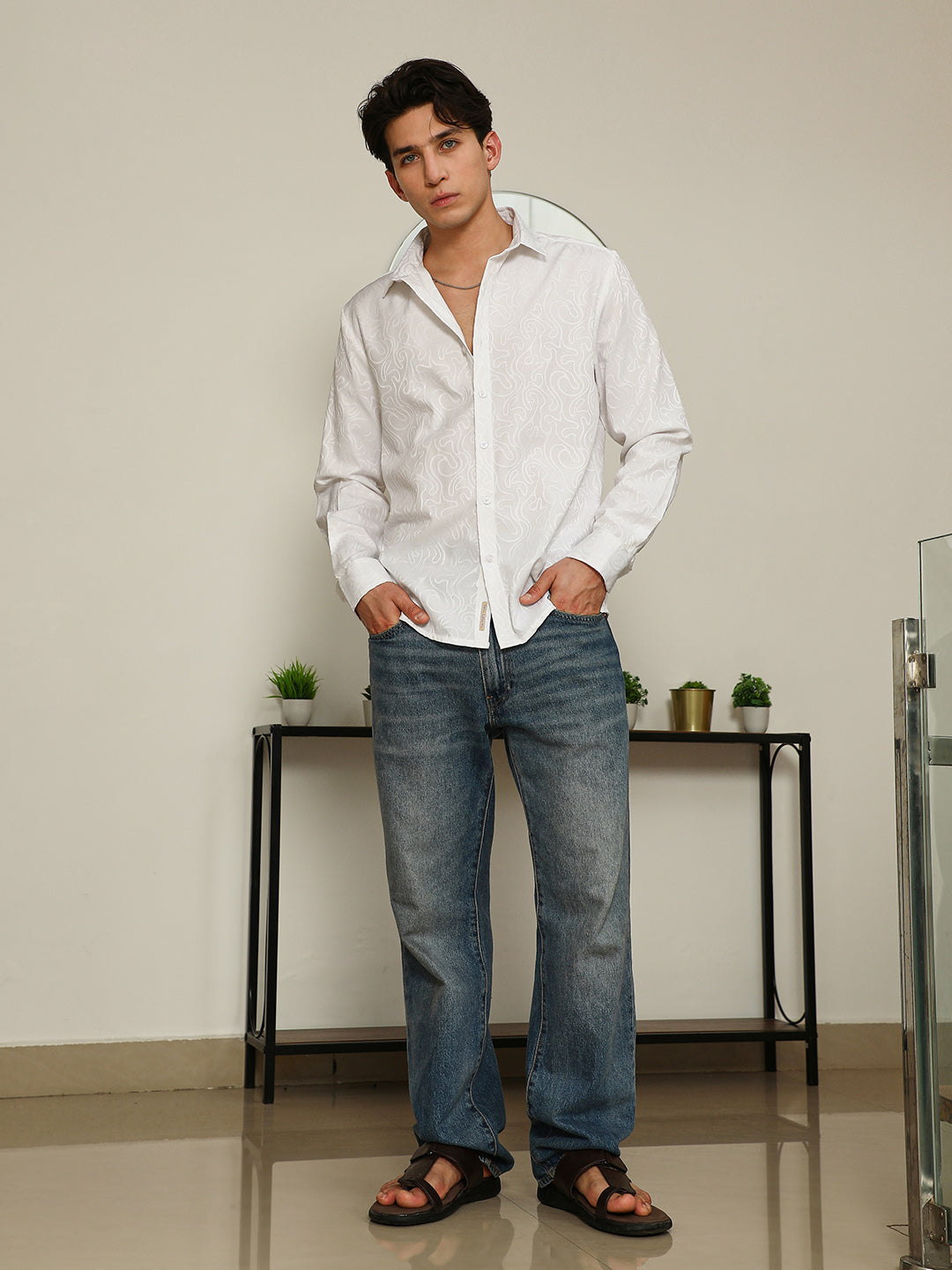 White Paisley Self-Design Slim Fit Shirt For Men