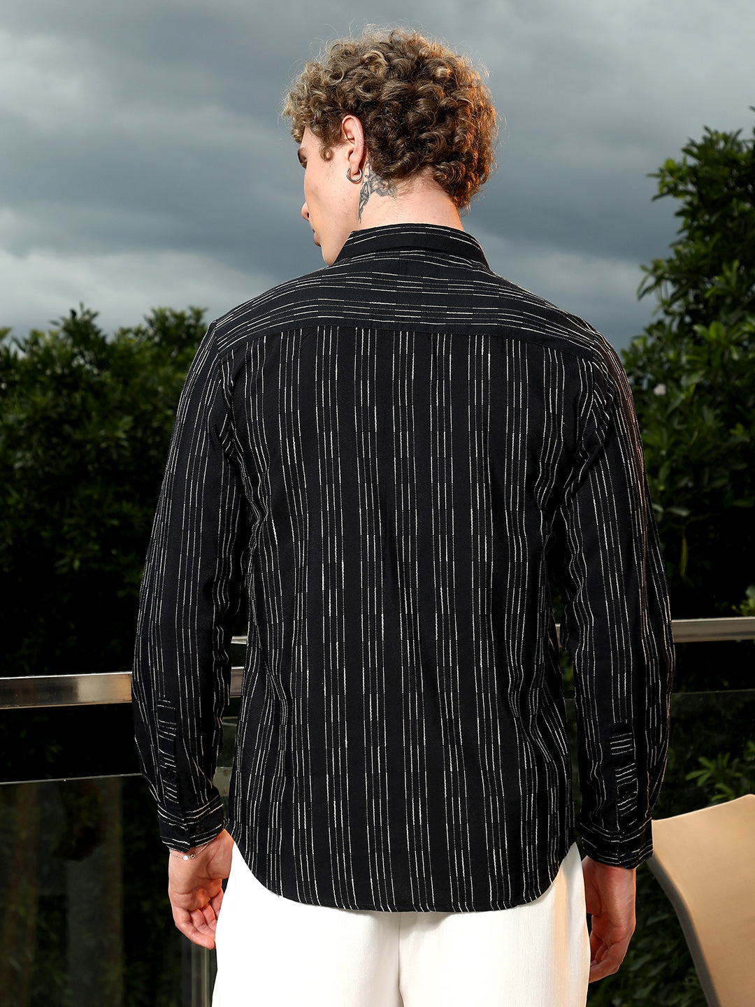 Black Striped Cotton Blend Slim Fit Shirt