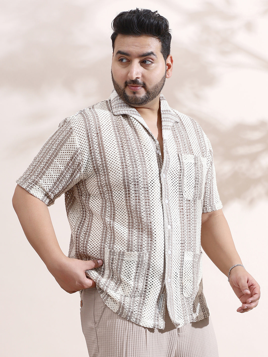 Striped Open-Knit Relaxed Shirt