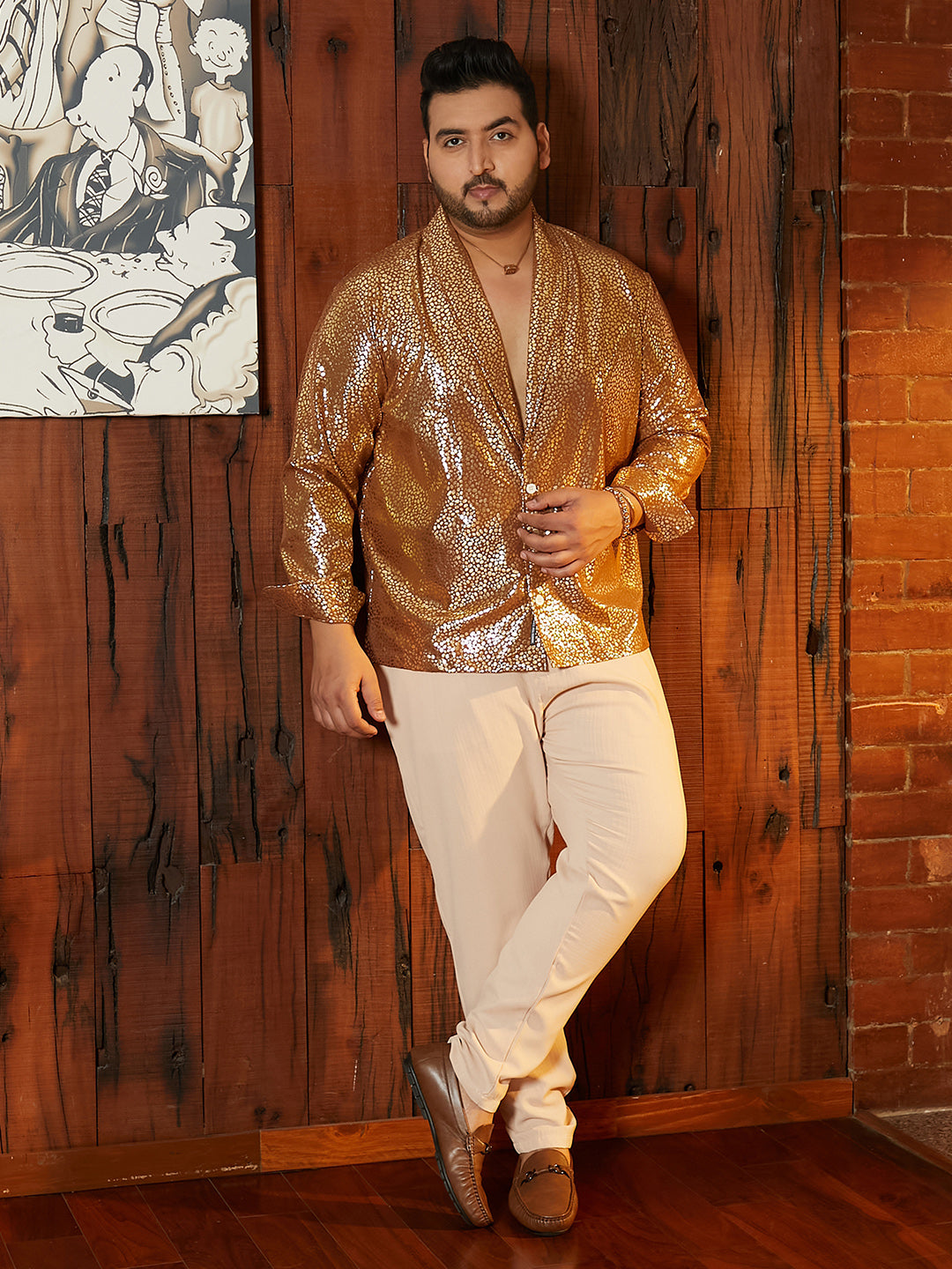 Metallic Shawl Collar Relaxed Shirt