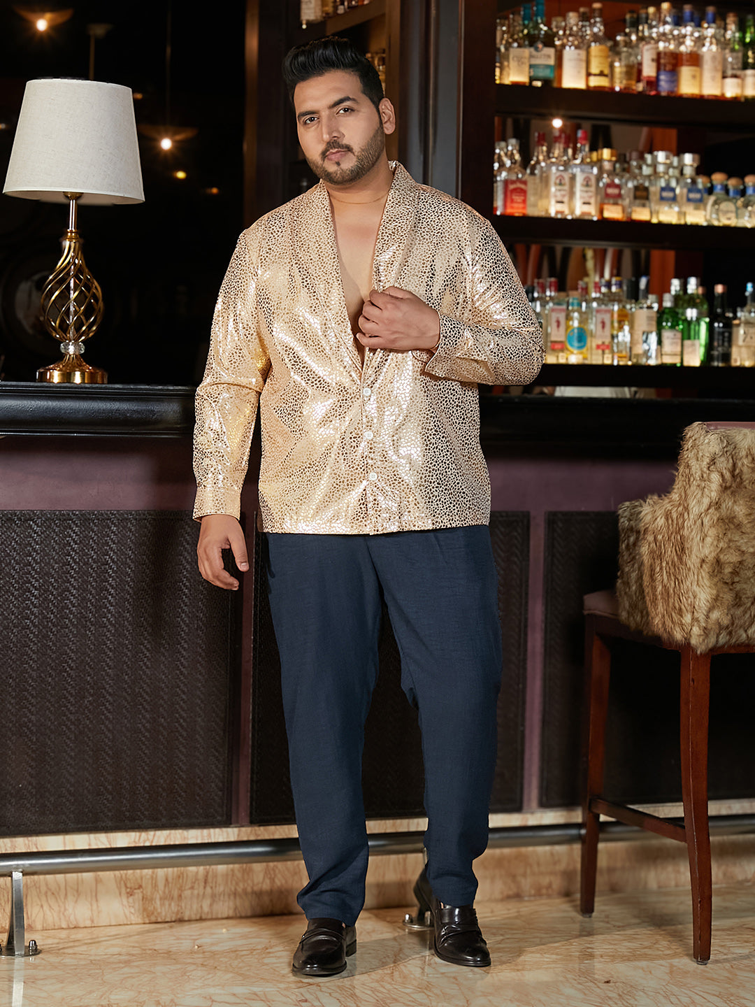Metallic Shawl Collar Relaxed Shirt