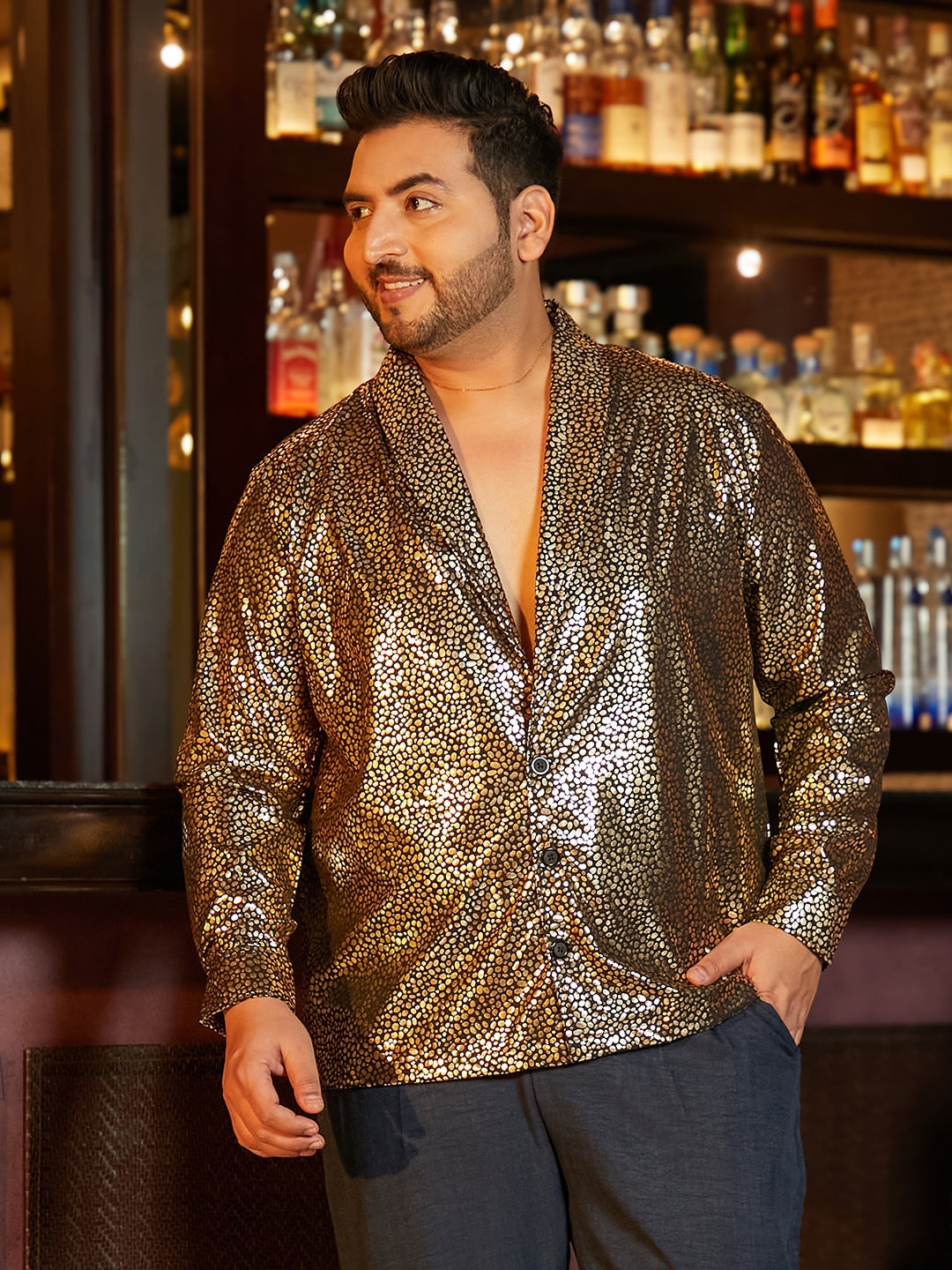 Metallic Shawl Collar Relaxed Shirt