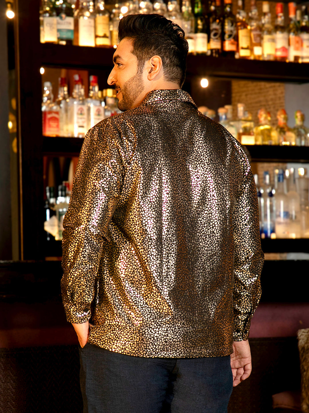 Metallic Shawl Collar Relaxed Shirt