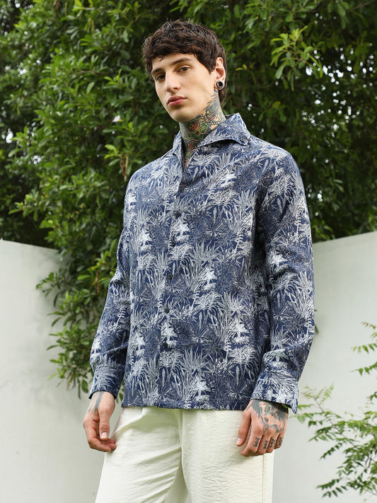 Navy Botanical Print Cotton Blend Shirt