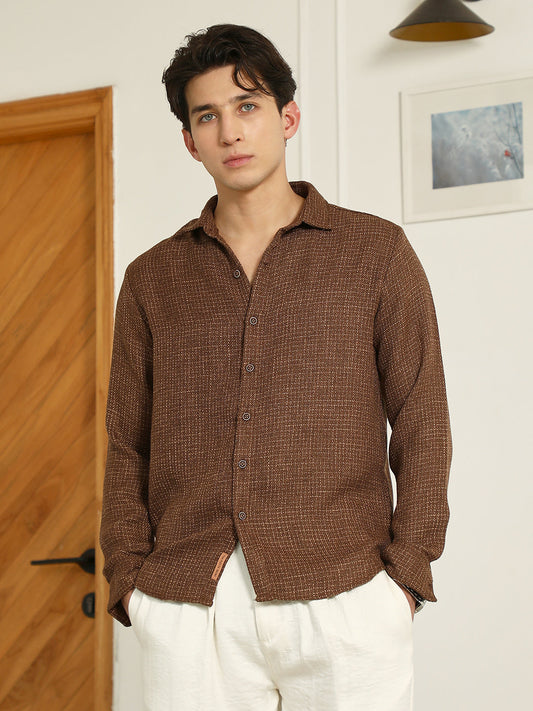 Brown Textured Cotton Blend Full Sleeve Shirt