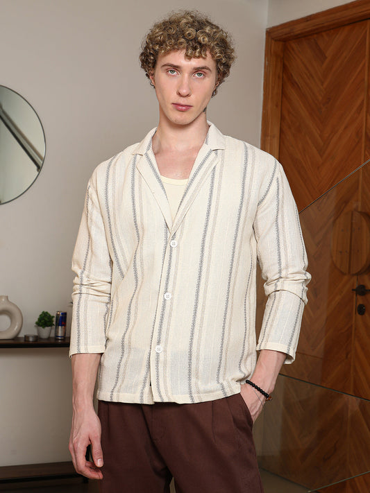Striped Cotton Cuban Collar Shirt