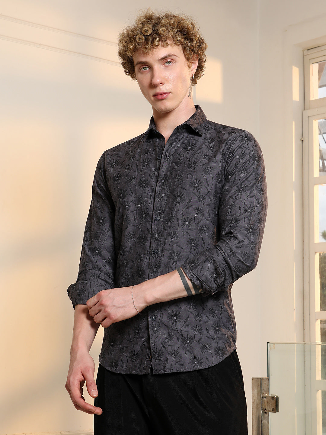 Dark Grey Floral Self Design Slim Fit Shirt