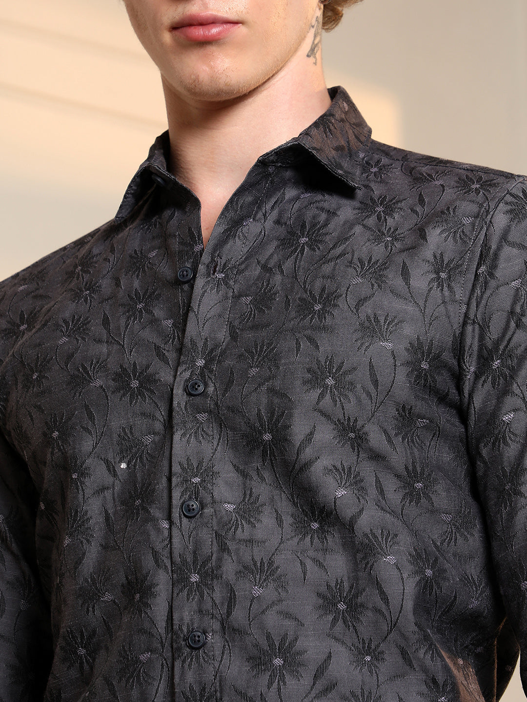 Dark Grey Floral Self Design Slim Fit Shirt