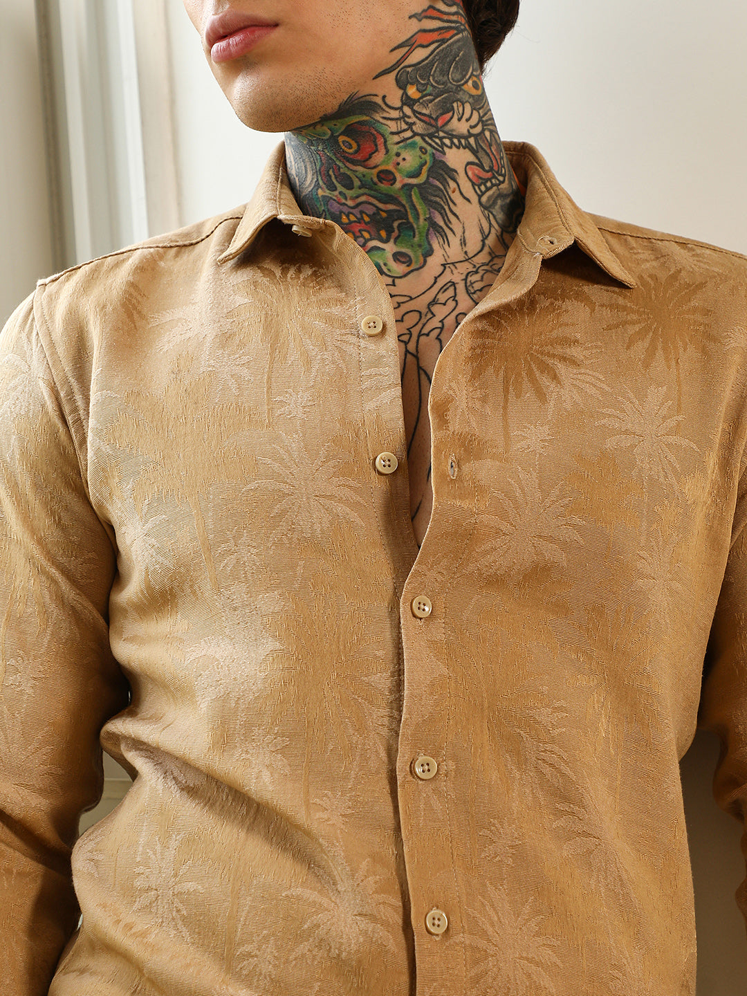 Beige Textured Slim Fit Shirt With Palm Tree Pattern