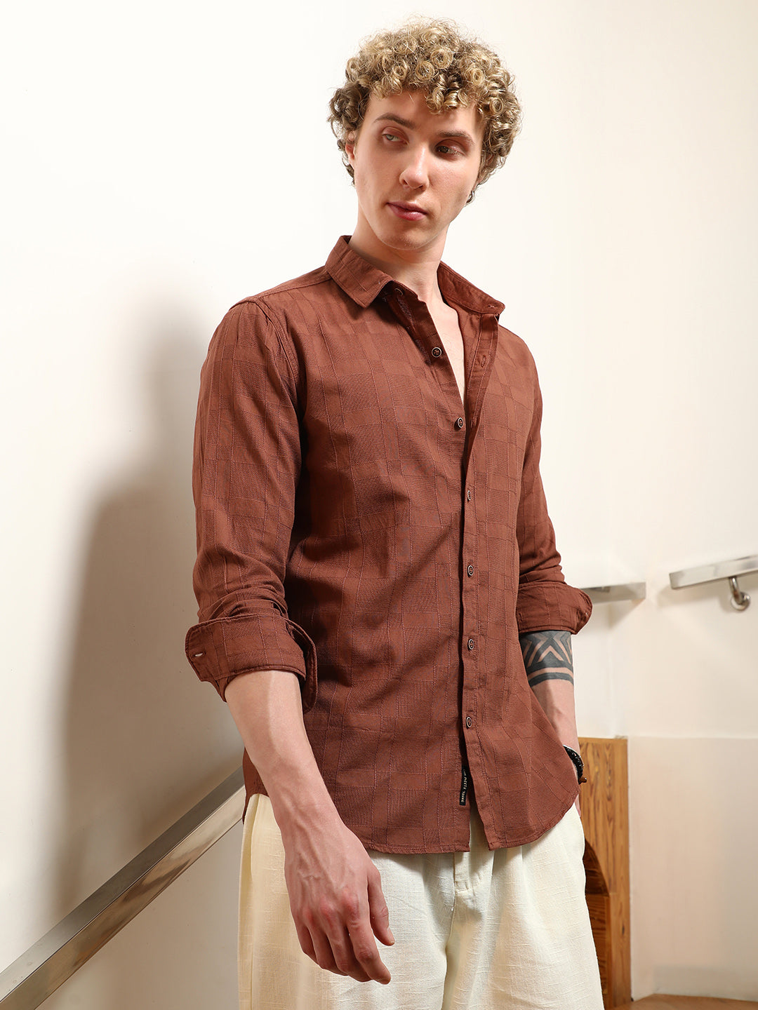 Terracotta Textured Cotton Shirt With Point Collar