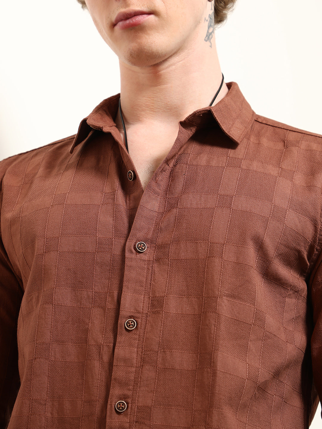 Terracotta Textured Cotton Shirt With Point Collar