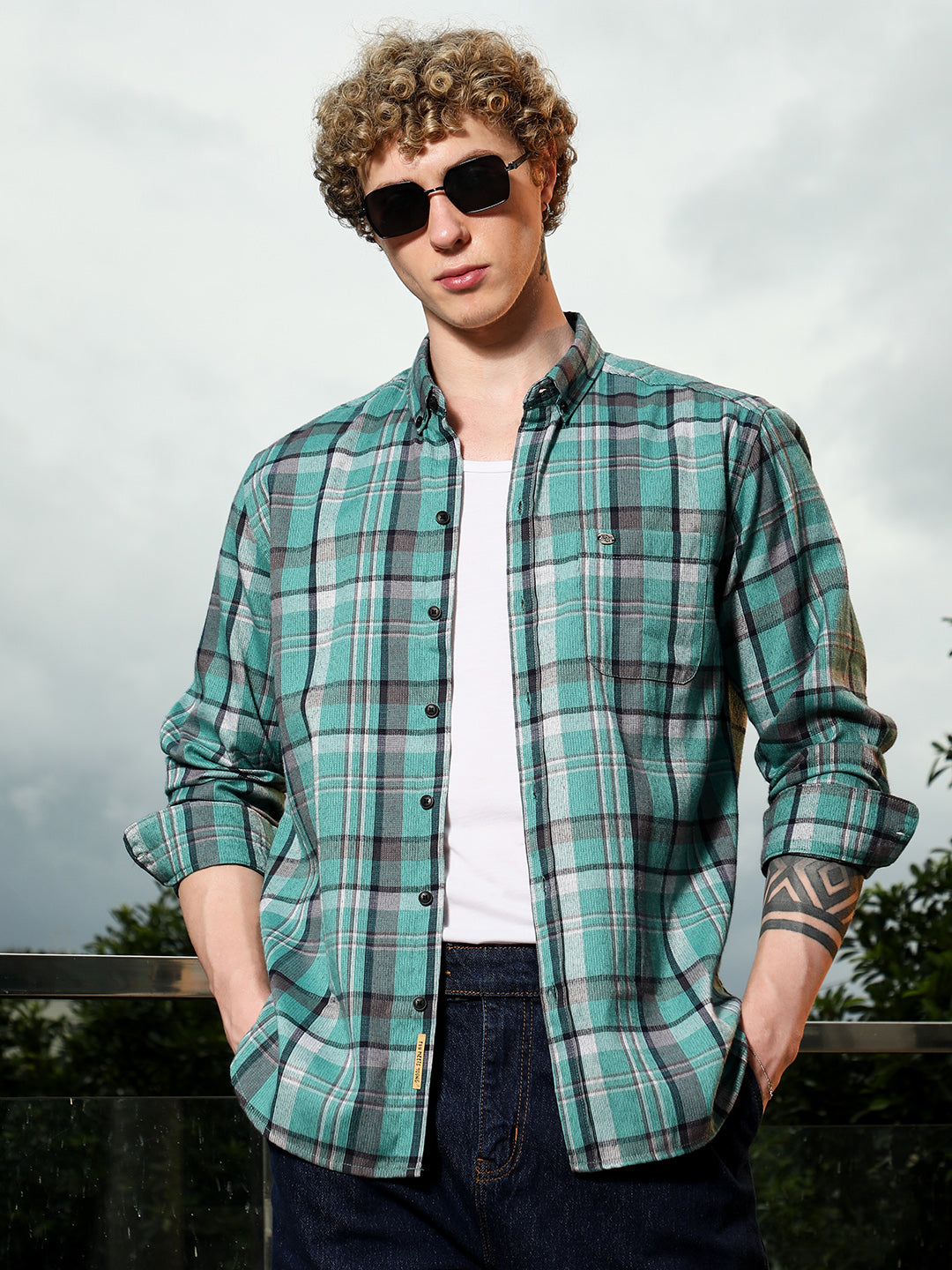 Green Plaid Tailored Fit Full Sleeve Shirt