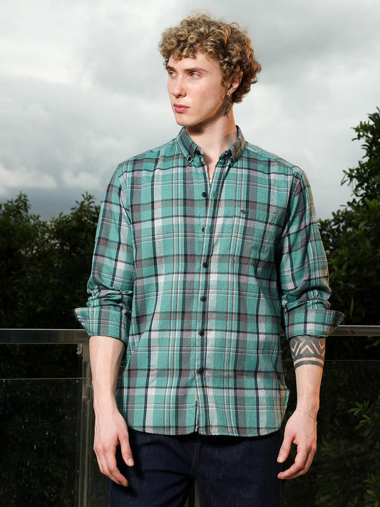 Green Plaid Tailored Fit Full Sleeve Shirt