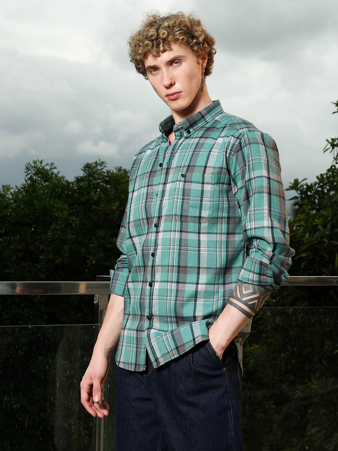 Green Plaid Tailored Fit Full Sleeve Shirt