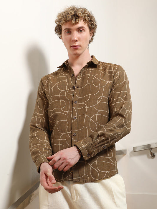 Brown Abstract Print Cotton Blend Full Sleeve Shirt